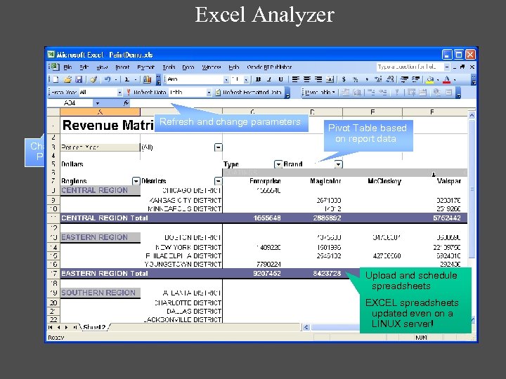 Excel Analyzer Refresh Data Refresh and change parameters Change Report Parameters Pivot Table based