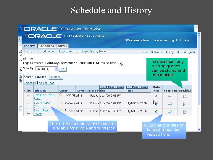 Schedule and History The Schedule is available per report or per user. User can
