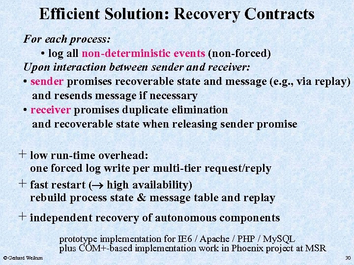 Efficient Solution: Recovery Contracts For each process: • log all non-deterministic events (non-forced) Upon