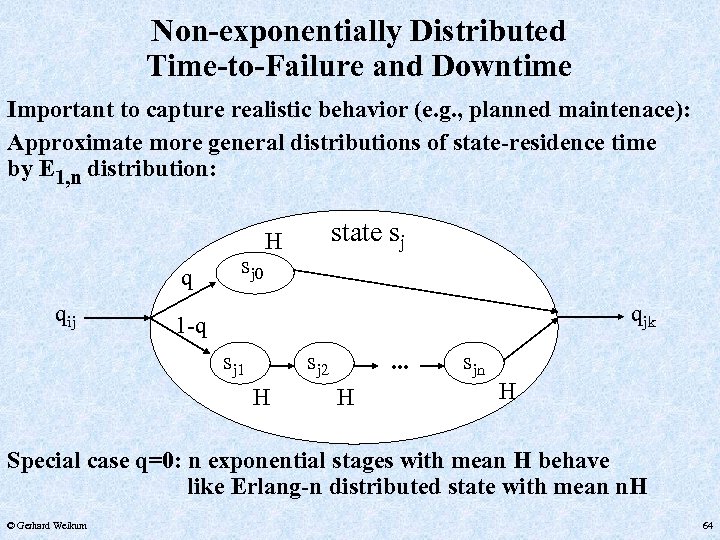 Non-exponentially Distributed Time-to-Failure and Downtime Important to capture realistic behavior (e. g. , planned
