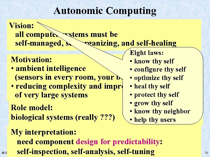 Autonomic Computing Vision: all computer systems must be self-managed, self-organizing, and self-healing Eight laws: