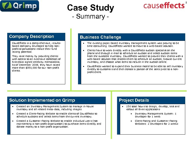 Case Study - Summary Company Description Caus. Effects is a comprehensive, resultsbased company developed