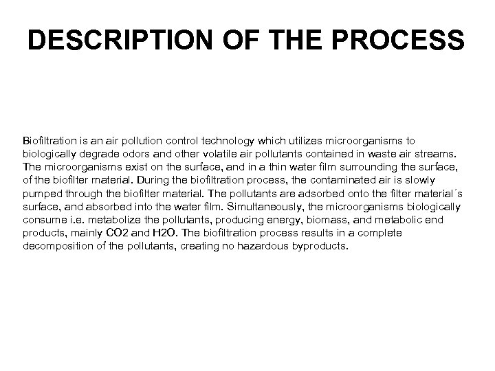DESCRIPTION OF THE PROCESS Biofiltration is an air pollution control technology which utilizes microorganisms