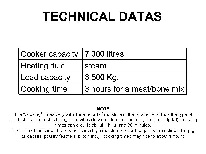 TECHNICAL DATAS Cooker capacity Heating fluid Load capacity Cooking time 7, 000 litres steam