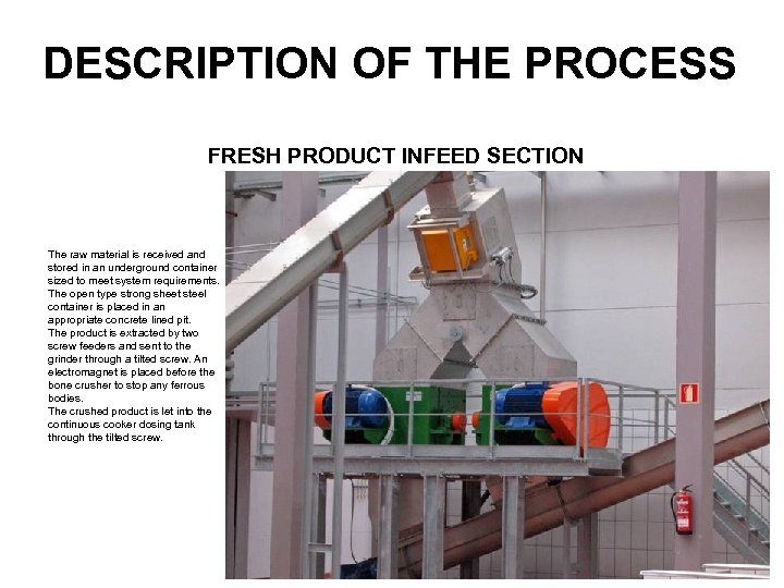 DESCRIPTION OF THE PROCESS FRESH PRODUCT INFEED SECTION The raw material is received and