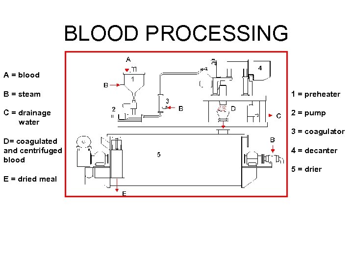 BLOOD PROCESSING A = blood B = steam 1 = preheater C = drainage