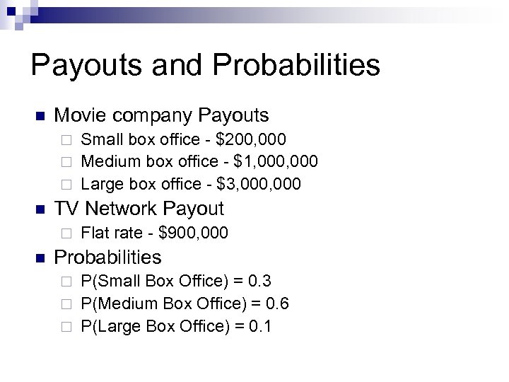 Payouts and Probabilities n Movie company Payouts Small box office - $200, 000 ¨