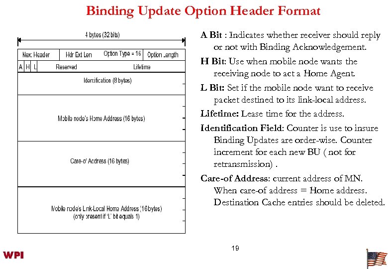 Binding Update Option Header Format A Bit : Indicates whether receiver should reply or