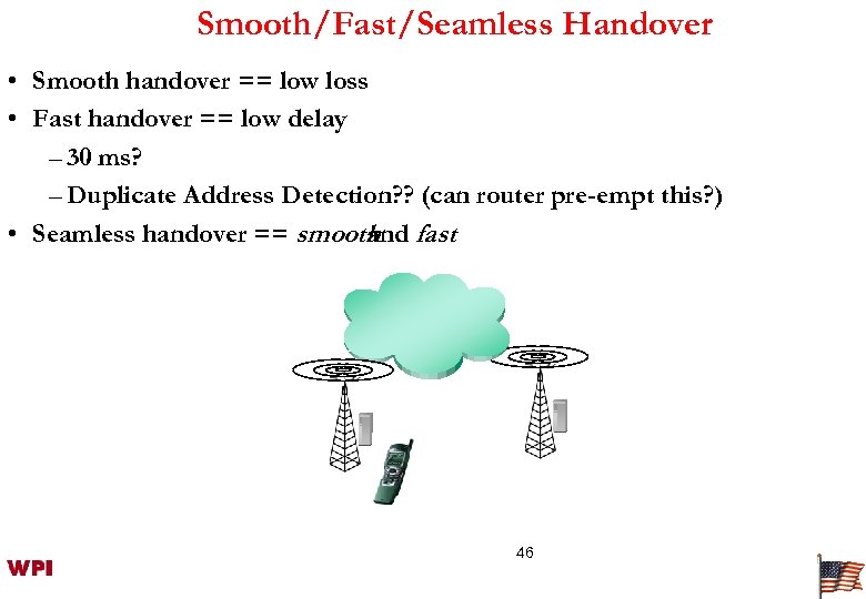 Smooth/Fast/Seamless Handover • Smooth handover == low loss • Fast handover == low delay