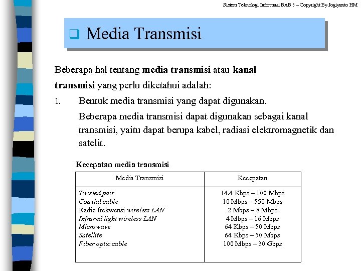 Sistem Teknologi Informasi BAB 5 – Copyright By Jogiyanto HM q Media Transmisi Beberapa