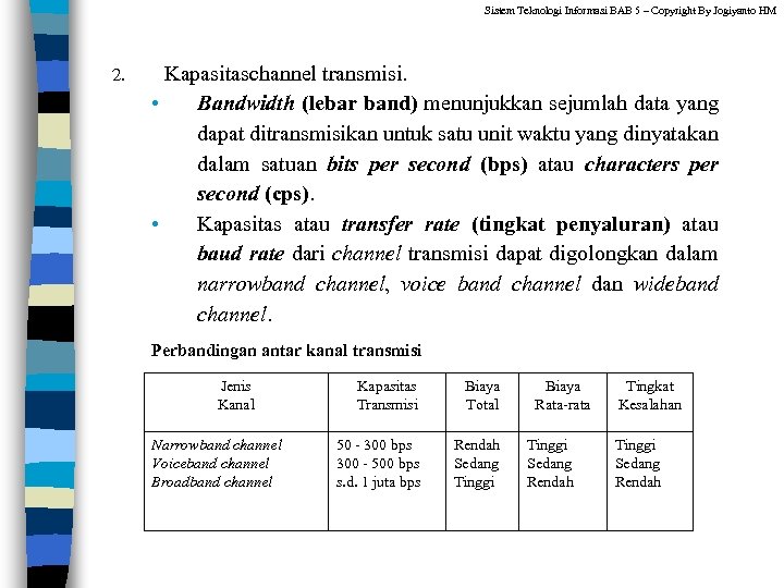 Sistem Teknologi Informasi BAB 5 – Copyright By Jogiyanto HM 2. Kapasitaschannel transmisi. •