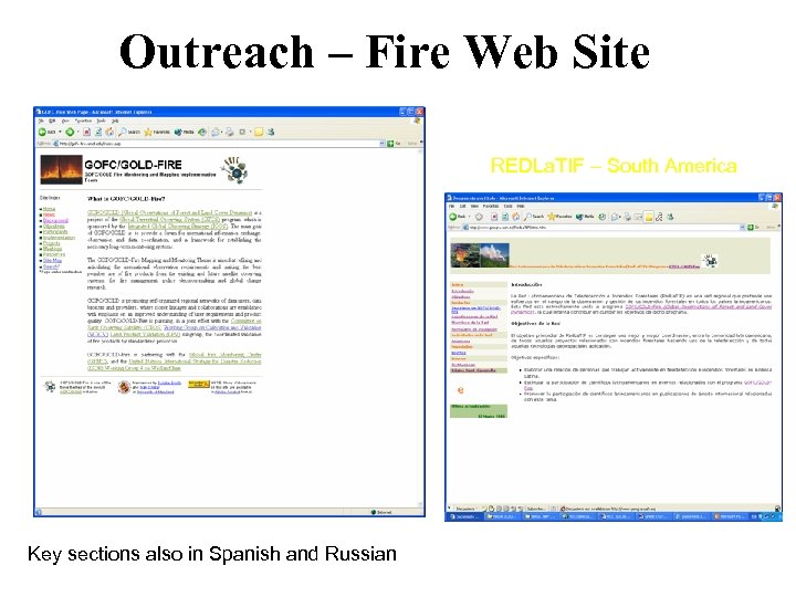Outreach – Fire Web Site REDLa. TIF – South America Key sections also in