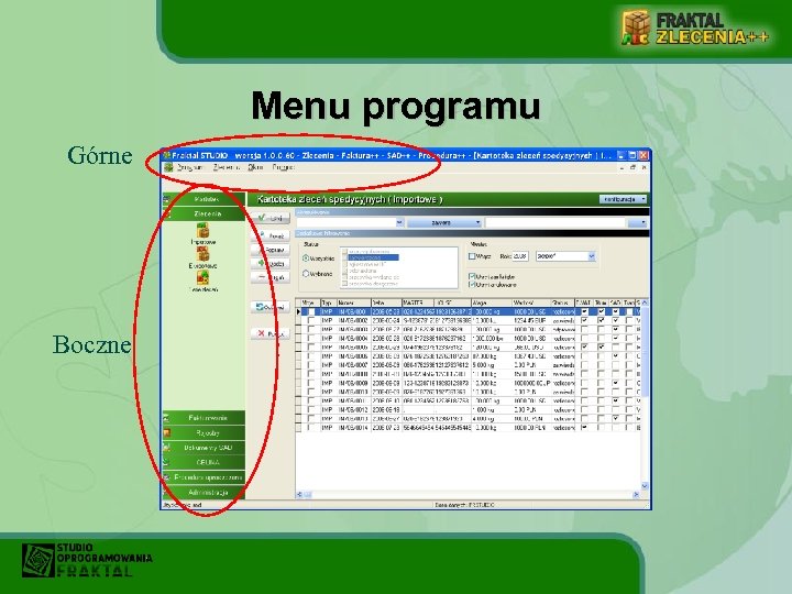 Menu programu Górne Boczne 