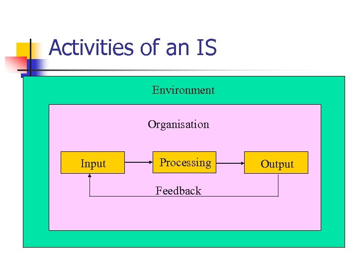 Activities of an IS Environment Organisation Input Processing Feedback Output 