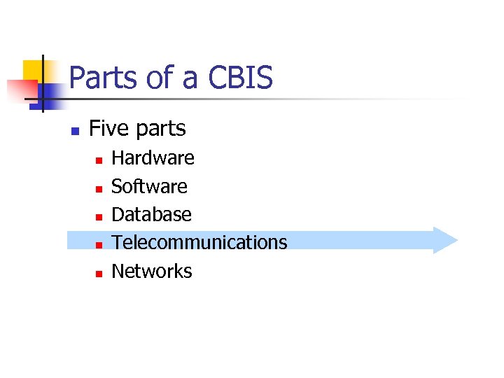 Parts of a CBIS n Five parts n n n Hardware Software Database Telecommunications