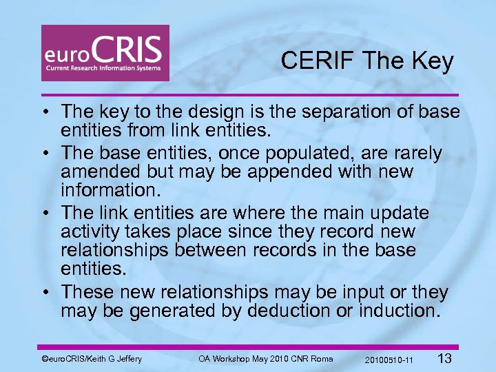 CERIF The Key • The key to the design is the separation of base
