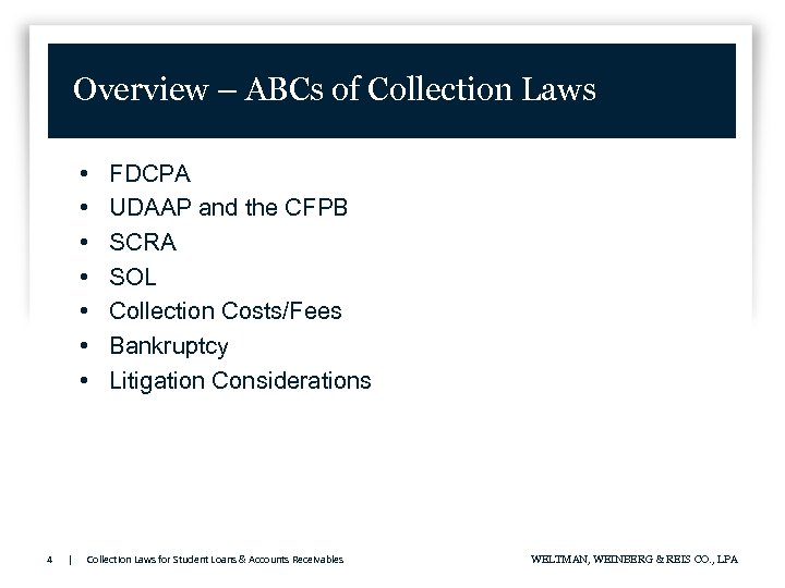 Overview – ABCs of Collection Laws • • 4 | FDCPA UDAAP and the