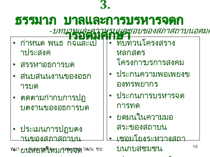 3. ธรรมาภ บาลและการบรหารจดก -บทบาทและความรบผดชอบของสภาสถาบนอดมศ ารอดมศกษา • กำหนด พนธ กจและเป • ทบทวนโครงสราง าประสงค • สรรหาอธการบด