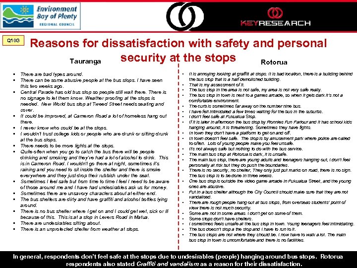 Q 10 G • • • • Reasons for dissatisfaction with safety and personal