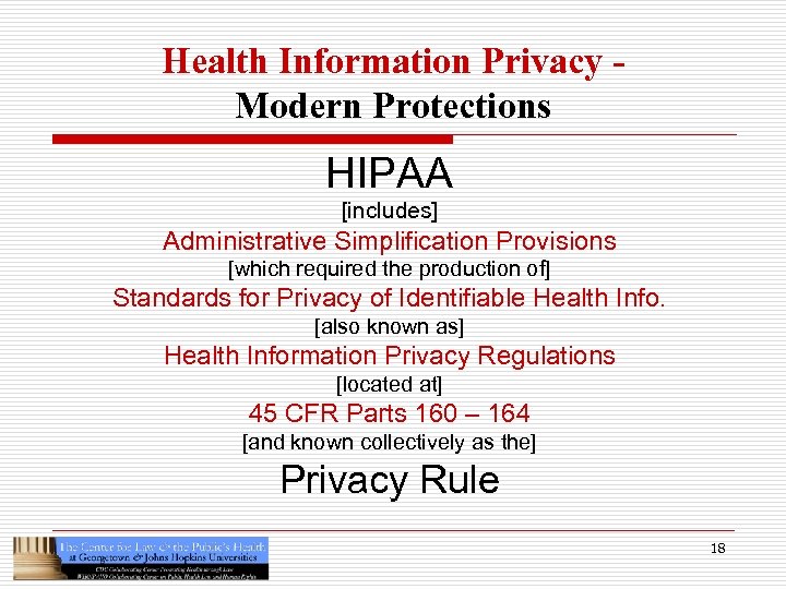 Health Information Privacy Modern Protections HIPAA [includes] Administrative Simplification Provisions [which required the production