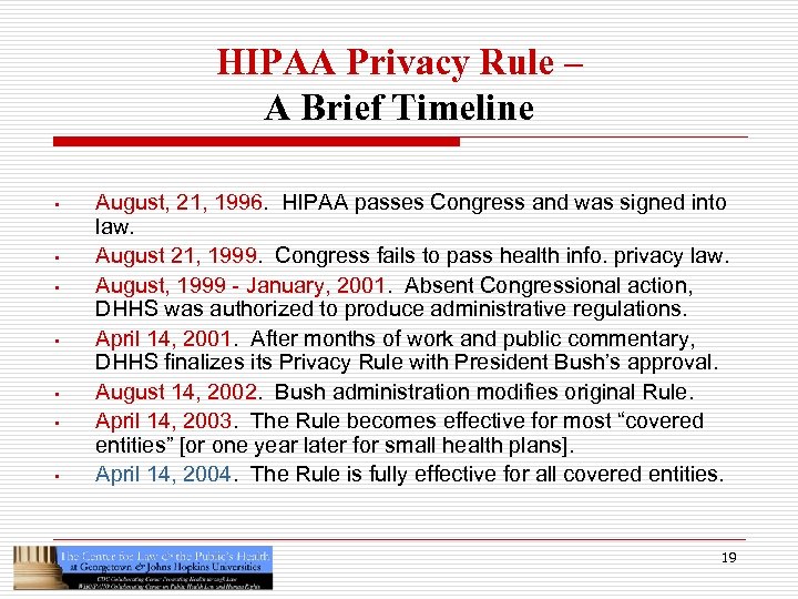 HIPAA Privacy Rule – A Brief Timeline • • August, 21, 1996. HIPAA passes
