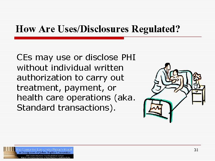 How Are Uses/Disclosures Regulated? CEs may use or disclose PHI without individual written authorization
