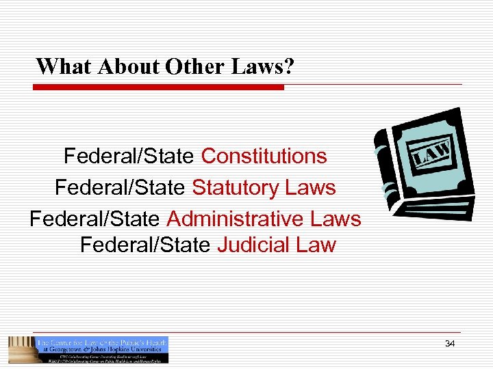 What About Other Laws? Federal/State Constitutions Federal/State Statutory Laws Federal/State Administrative Laws Federal/State Judicial