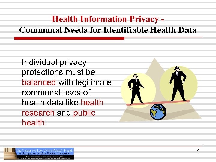 Health Information Privacy Communal Needs for Identifiable Health Data Individual privacy protections must be