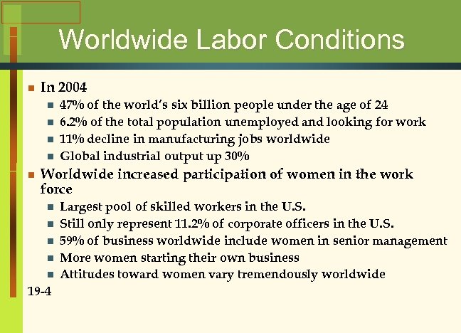 Worldwide Labor Conditions n In 2004 n n n 47% of the world’s six