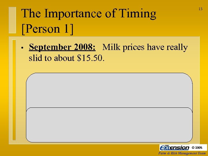 The Importance of Timing [Person 1] • 13 September 2008: Milk prices have really