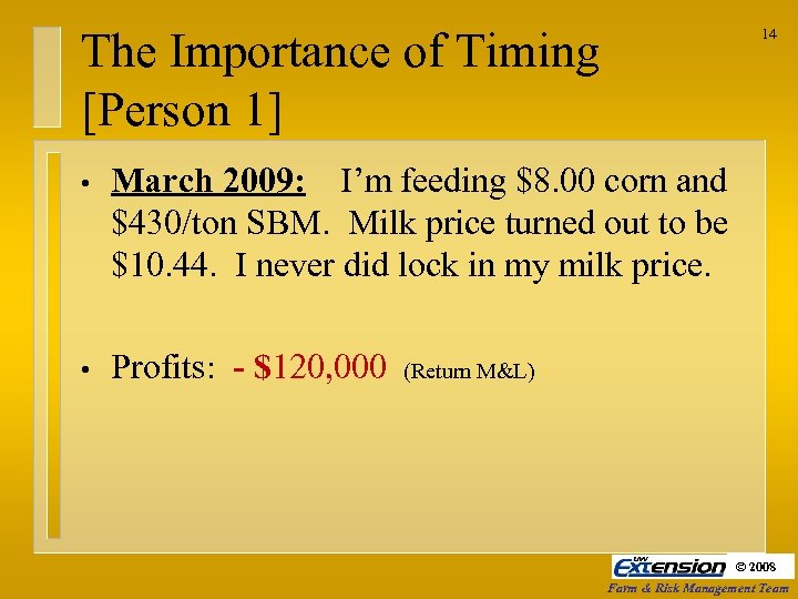 The Importance of Timing [Person 1] 14 • March 2009: I’m feeding $8. 00