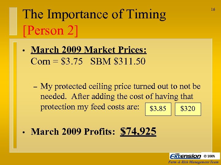 The Importance of Timing [Person 2] • March 2009 Market Prices: Corn = $3.