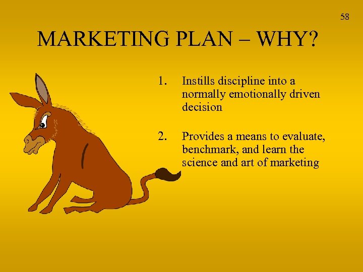 58 MARKETING PLAN – WHY? 1. Instills discipline into a normally emotionally driven decision
