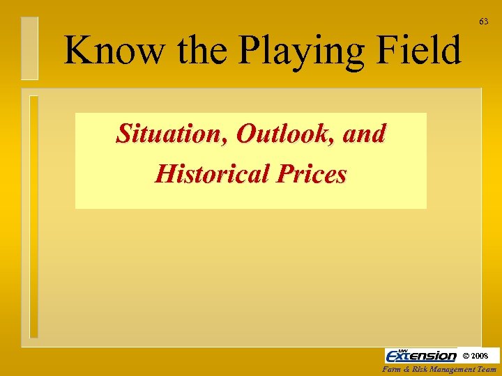 Know the Playing Field 63 Situation, Outlook, and Historical Prices © 2008 Farm &