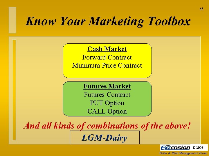 68 Know Your Marketing Toolbox Cash Market Forward Contract Minimum Price Contract Futures Market