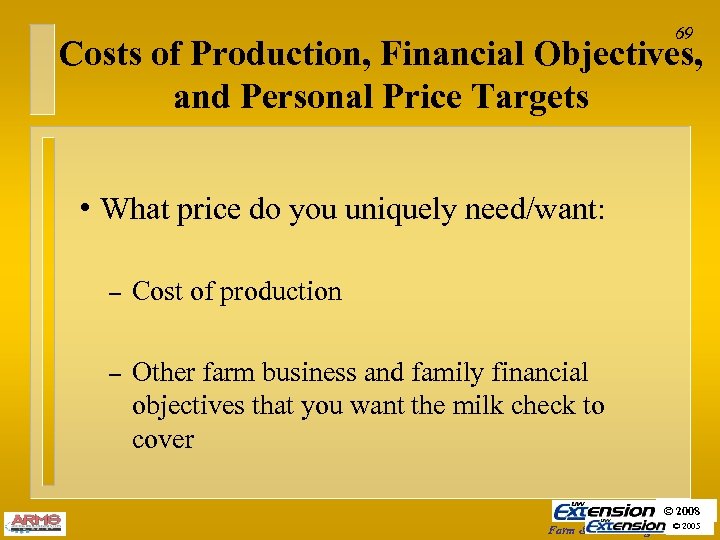 69 Costs of Production, Financial Objectives, and Personal Price Targets h What price do