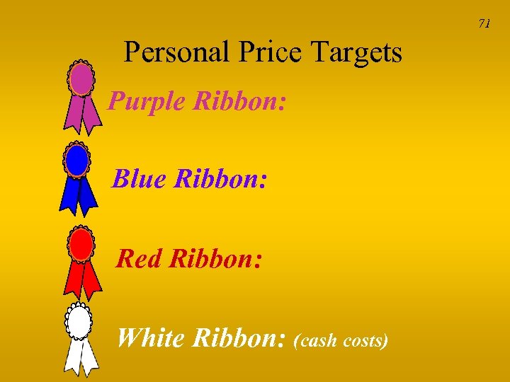 71 Personal Price Targets Purple Ribbon: Blue Ribbon: Red Ribbon: White Ribbon: (cash costs)