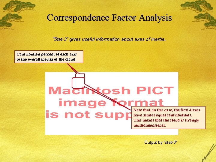 Correspondence Factor Analysis “Stat-3” gives useful information about axes of inertia. Contribution percent of