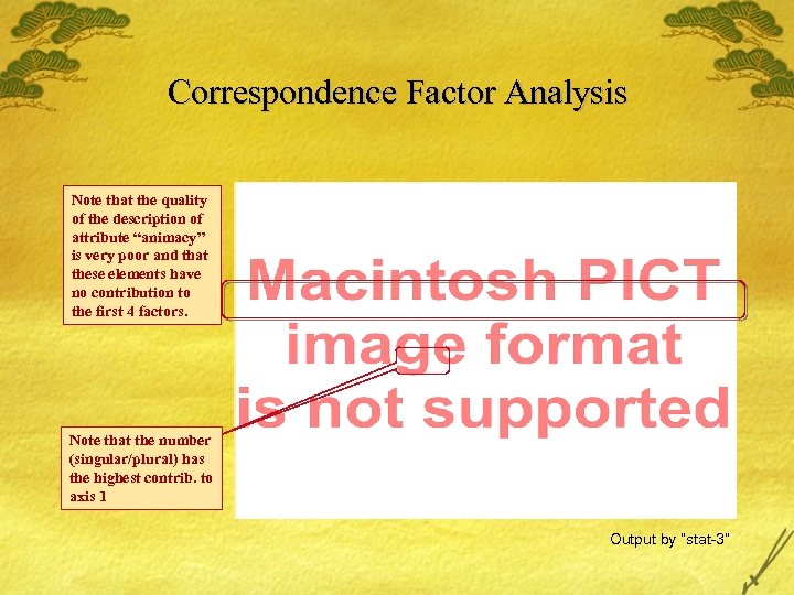 Correspondence Factor Analysis Note that the quality of the description of attribute “animacy” is