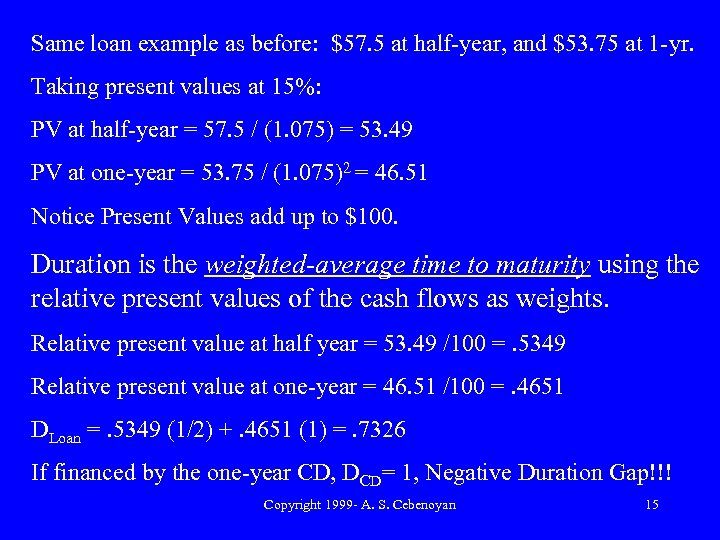 Same loan example as before: $57. 5 at half-year, and $53. 75 at 1