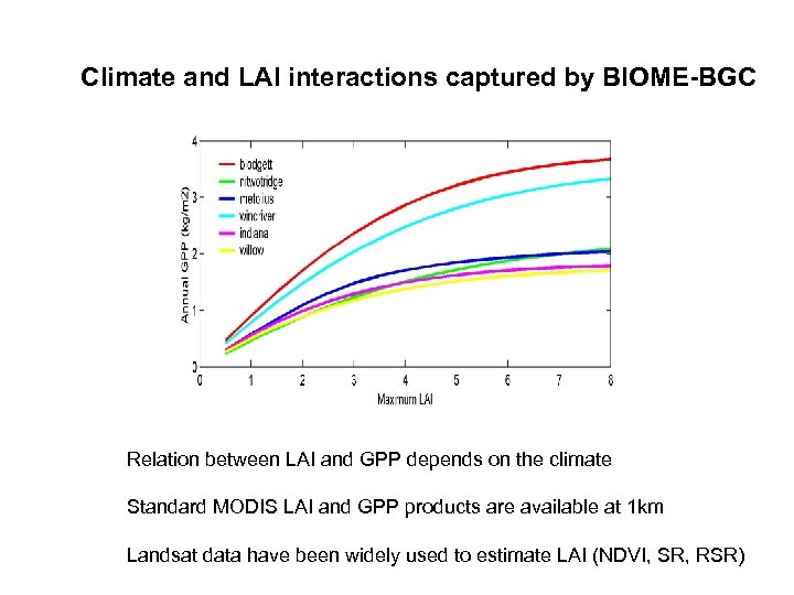 Climate and LAI interactions captured by BIOME-BGC Relation between LAI and GPP depends on