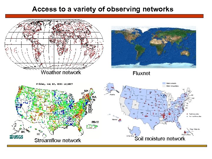 Access to a variety of observing networks Weather network Streamflow network Fluxnet Soil moisture