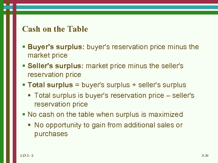 Cash on the Table § Buyer's surplus: buyer's reservation price minus the market price