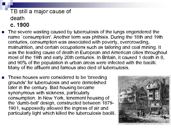 TB still a major cause of death c. 1900 n The severe wasting caused