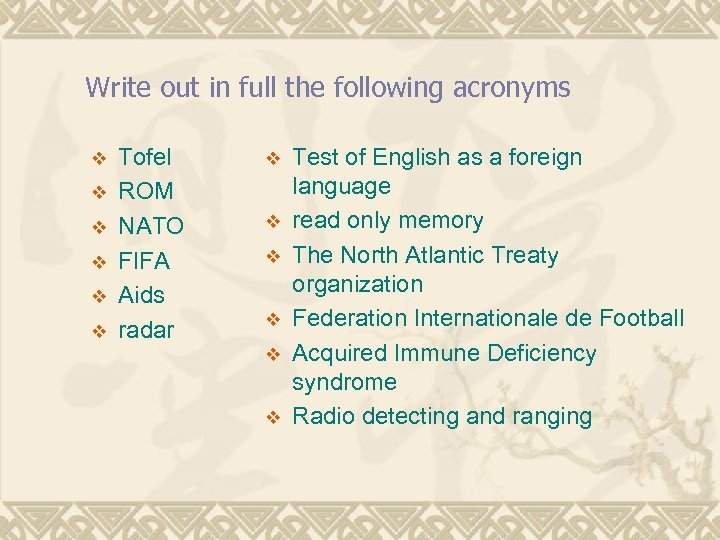 Write out in full the following acronyms v v v Tofel ROM NATO FIFA