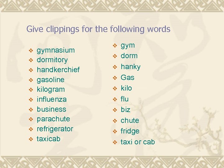 Give clippings for the following words v v v v v gymnasium dormitory handkerchief