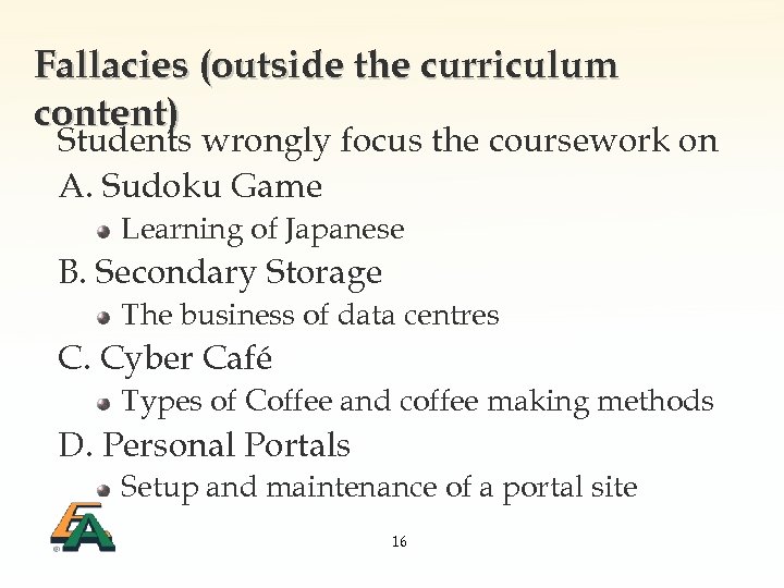 Fallacies (outside the curriculum content) Students wrongly focus the coursework on A. Sudoku Game