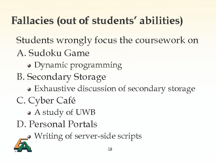 Fallacies (out of students’ abilities) Students wrongly focus the coursework on A. Sudoku Game