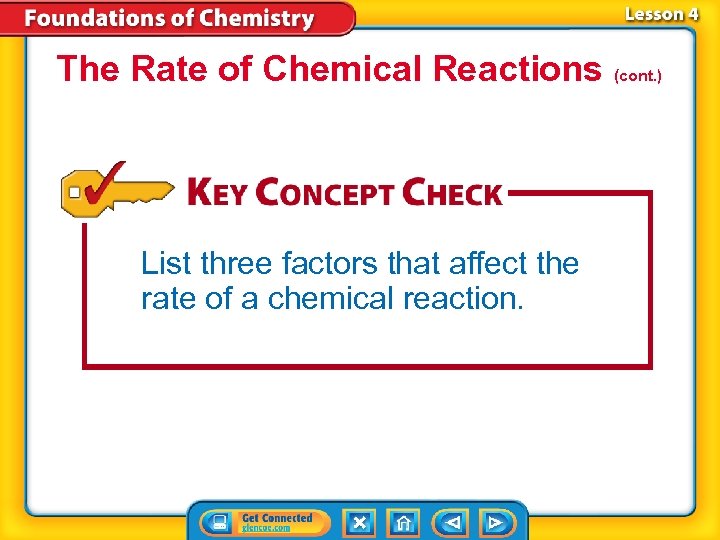 The Rate of Chemical Reactions (cont. ) List three factors that affect the rate