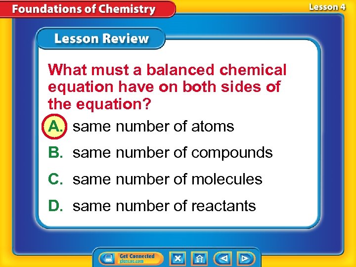 What must a balanced chemical equation have on both sides of the equation? A.